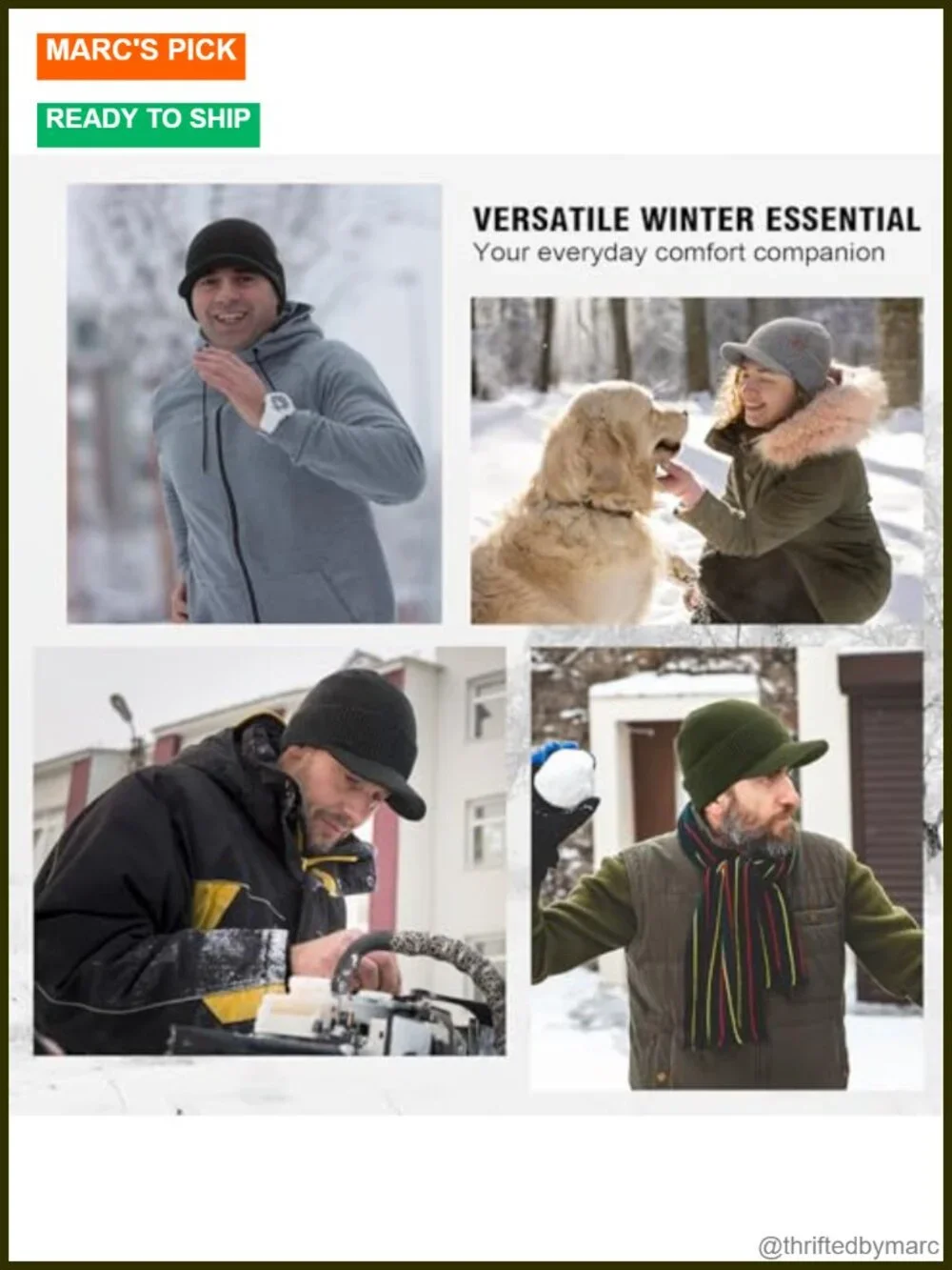 Fleece Lined Thermal Knit Visor Hat Winter Beanie with Brim Windproof